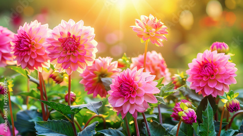 Flowerbed with beautiful blooming pink dahlia flowers in a garden in golden sunset lighting.