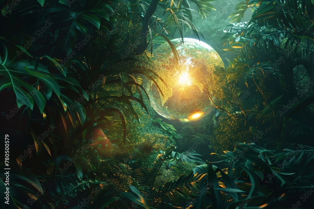 A bright world within the heart of a dense forest. Light streams through the sky amid hidden kingdoms of exotic plants and animals.