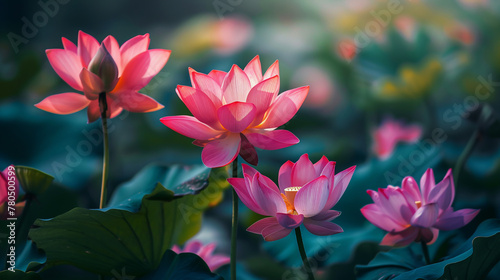 Beautiful pink lotuses close up bloom in pond in a Japanese garden. Natural background.