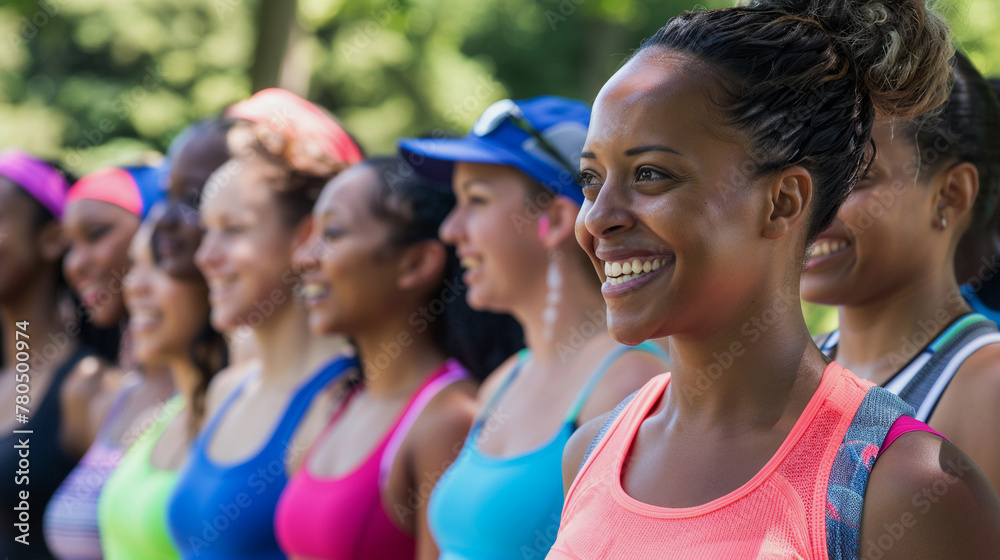 A group of smiling African American women in sportswear are doing sports in the park.