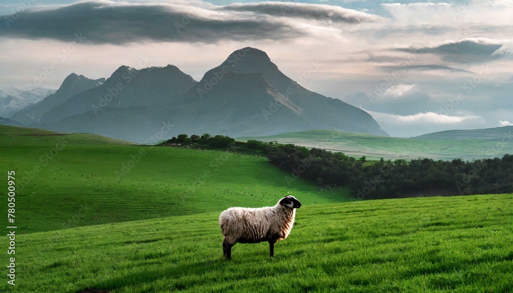 Obraz premium Psalm 23: The Lord is My Shepherd. The White Sheep In Green Pastures Besides The Still Waters.