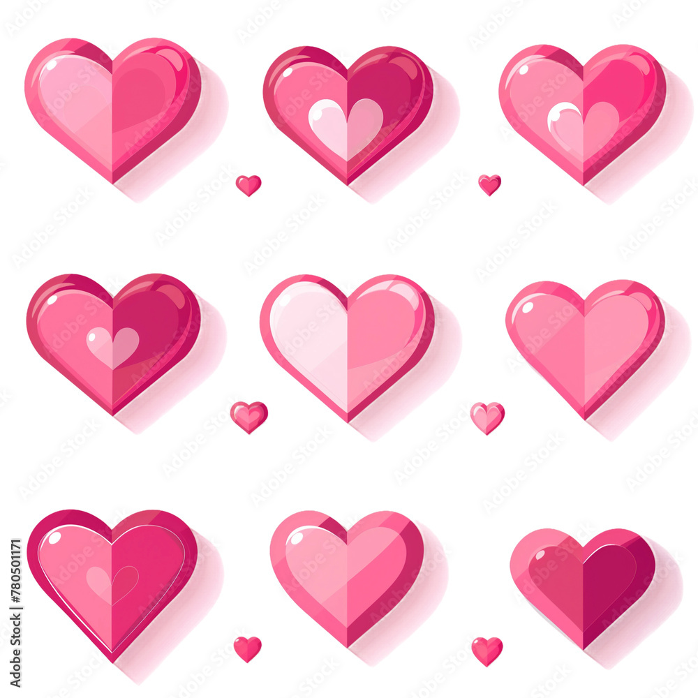 A set of nine hearts, all of which are pink A set of nine hearts, all of which are pink