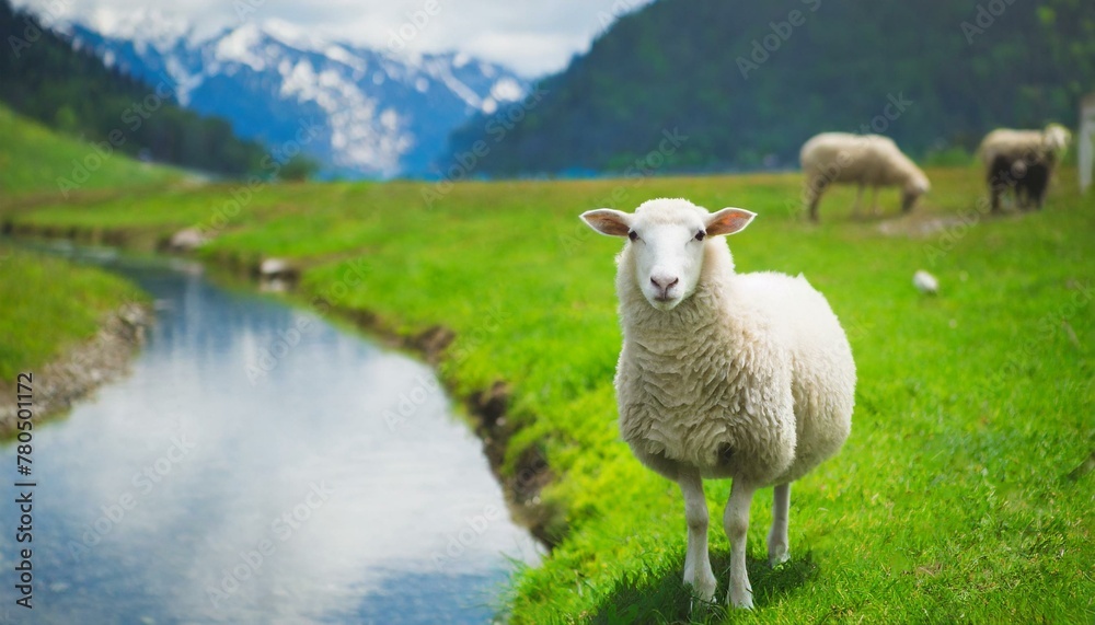 Fototapeta premium Psalm 23: The Lord is My Shepherd. The White Sheep In Green Pastures Besides The Still Waters.