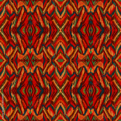 Colorful ikat pattern in vintage style. Elegant ethnic background. Hand drawn oriental art. Seamless geometric vintage texture.	 photo