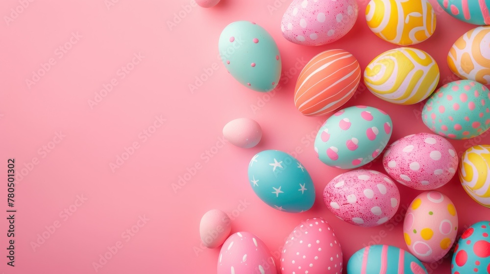 Colorful Easter Eggs on Pink Background for Spring Holiday Celebrations with Copy Space, Top View, Flat Lay