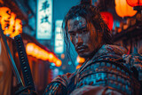 Samurai in neon-lit Tokyo, their katanas charged with electric energy, guarding secrets in the digit