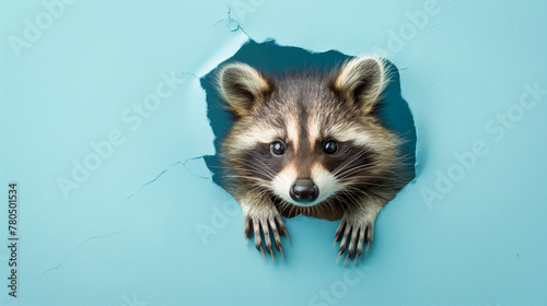 Wallpaper Mural Cute raccoon peeking through a hole in a pastel blue cartoon background. An animal sticks his head and ears out of a hole. Colorful and creative background with copy space. Birthday and greeting card. Torontodigital.ca