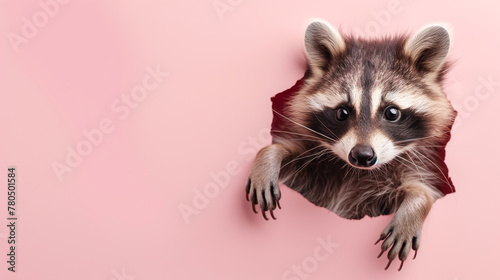 Wallpaper Mural Cute raccoon peeking through a hole in a pastel pink cartoon background. An animal sticks his head and ears out of a hole. Colorful and creative background with copy space. Birthday and greeting card. Torontodigital.ca