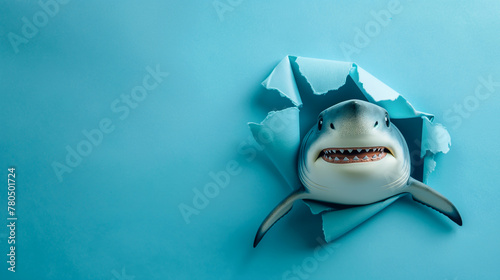 Cute great shark peeking through a hole in a pastel blue cartoon background. An animal sticks his head out of a hole. Colorful and creative background with copy space. Birthday and greeting card.