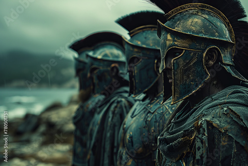 Spartan warriors in a dystopian future, their shields now energy fields, standing against the tides