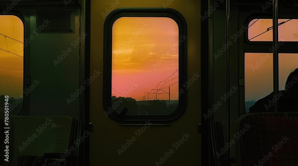 Passenger Contemplating the Sunset from Train Window, Scenic View of Sun Setting in Distance
