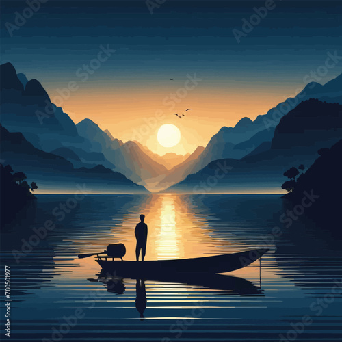 free vector Man on the boat at the evening landscape