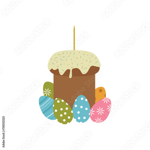 Web Vector illustration of a festive Easter cake with colorful eggs and a candle.