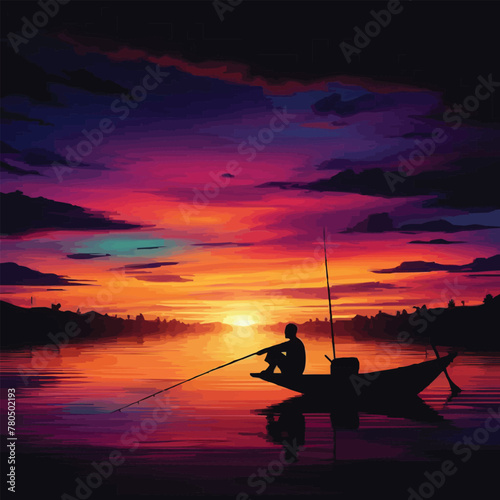 free vector Man on the boat at the evening landscape