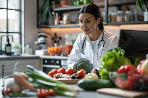 Scientist examining organic vegetables on table in laboratory setting with white lab coat