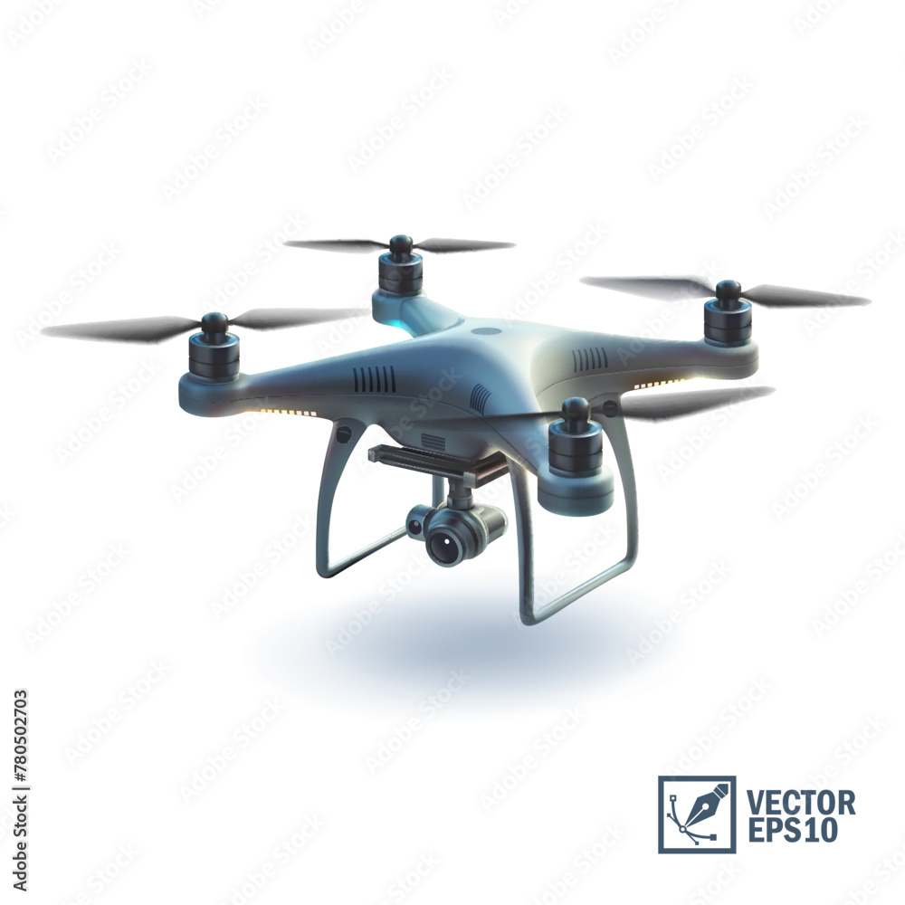 3D Realistic vector quadcopter with a portable camera on a blue background, delivery of a cardboard box drone by air 3D Realistic vector quadcopter with a portable camera on a blue background, delivery of a cardboard box drone by air