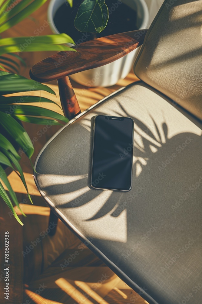 A smartphone rests on a beige chair, bathed in sunlight, with a houseplant in the background. A smartphone rests on a beige chair, bathed in sunlight, with a houseplant in the background.