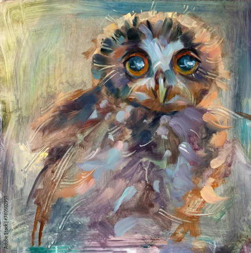 Realistic over abstract. Baby Owl with big eyes in the night, pet animal portrait traditional painting by oil and palette knife on a colored natural green and blue abstract background.