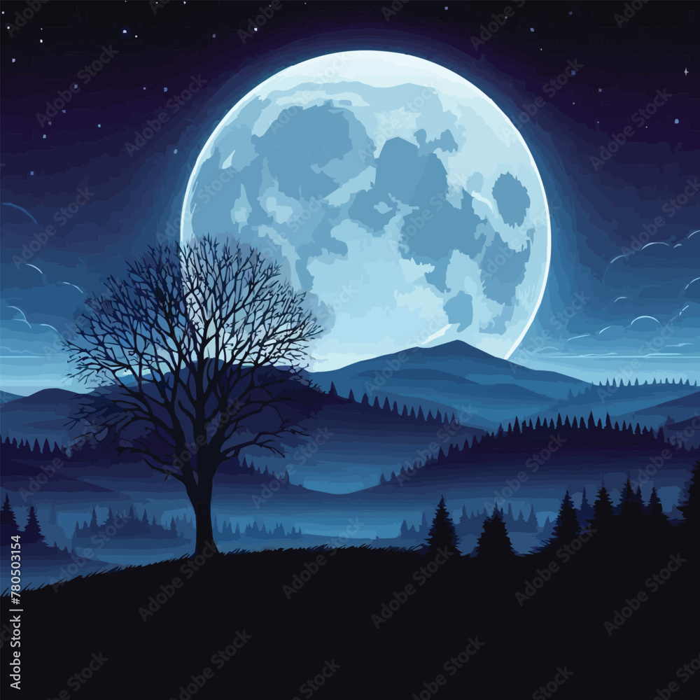 free vector Moonlight landscape with tree silhouette