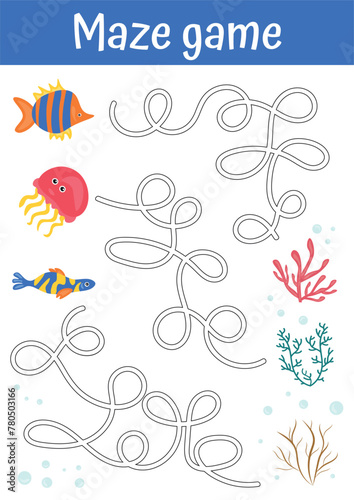 Maze game for kids. Tracing lines for children with with tropical fish elements. Handwriting practice for preschool, kindergarten. Printable worksheets, activities for children, logical games.
