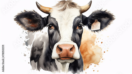 watercolor portrait of a cow, spots of liquid paint isolated on a white background
