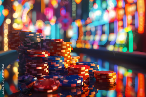 Experience the thrill of the casino with vibrant chips adorning the gambling table, evoking the excitement and energy of the gaming floor photo