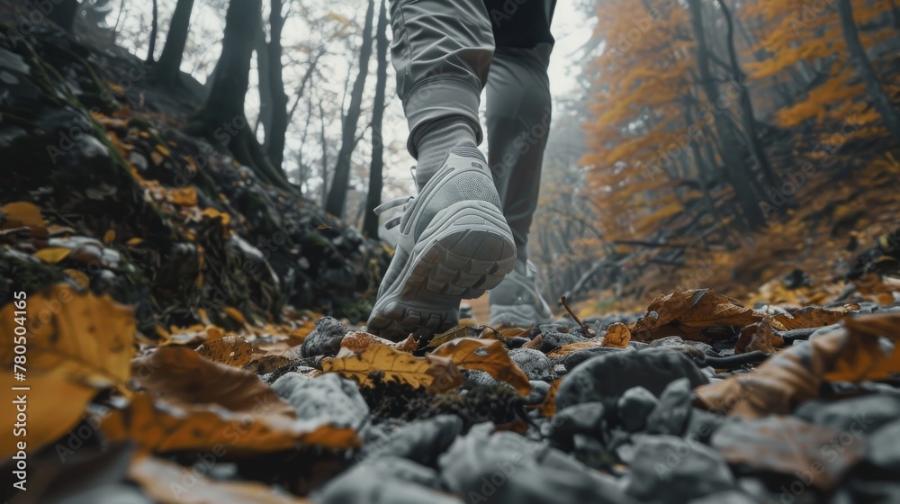 Close-up of hiking boots treading on an autumnal forest path, vibrant fallen leaves adorning the trail - Concept of adventure, exploration, and outdoor fitness Close-up of hiking boots treading on an autumnal forest path, vibrant fallen leaves adorning the trail - Concept of adventure, exploration, and outdoor fitness