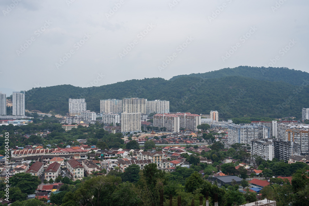 View from the Chinese Buddhist Temple Kek Lok Si to the City of George Town on Penang in Malaysia 