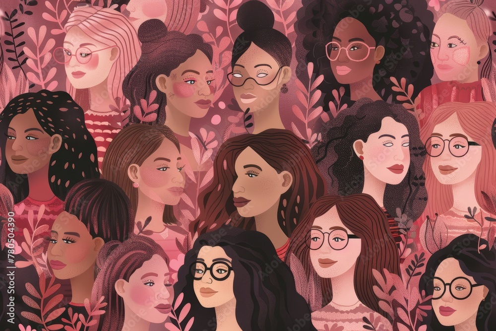 A pattern of women in different models and races illustration style in pink red pale color scheme, AI Generated