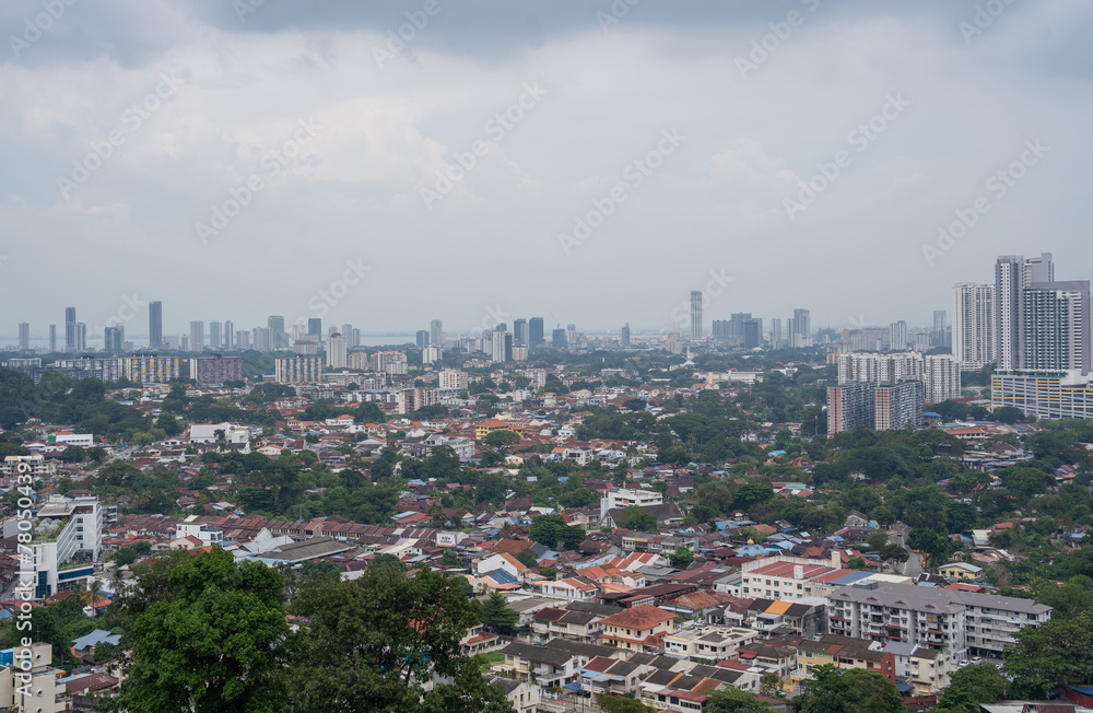 Fototapeta premium View from the Chinese Buddhist Temple Kek Lok Si to the City of George Town on Penang in Malaysia 