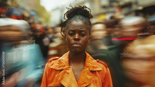 Woman in the Fray: Amidst a sea of faces, a woman stands tall, challenging the divisive forces of racism with unwavering resolve.