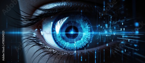 Blue eye with digital display; biometrics and access concept; double exposure.