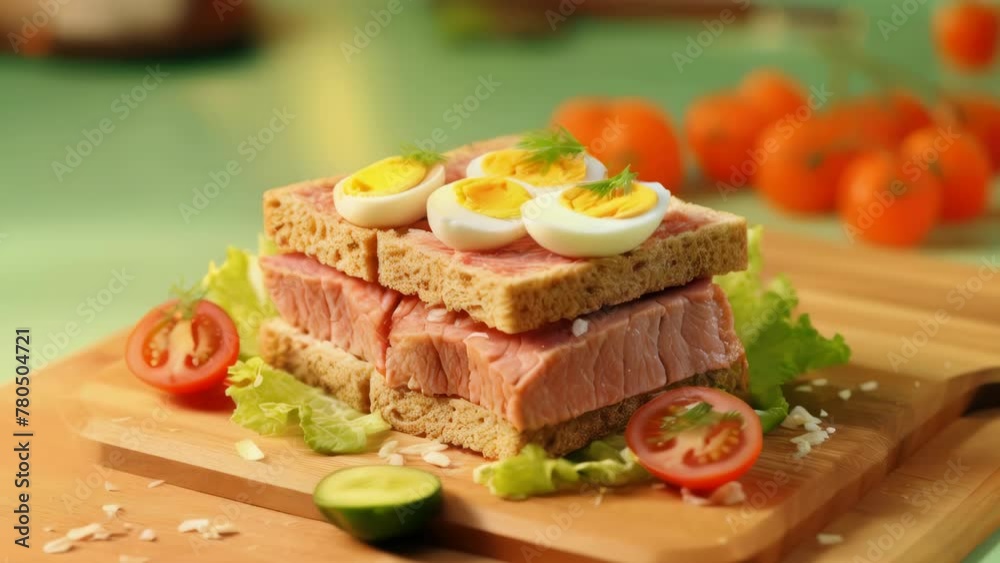 A sandwich with ham, eggs, and lettuce is on a wooden cutting board A sandwich with ham, eggs, and lettuce is on a wooden cutting board