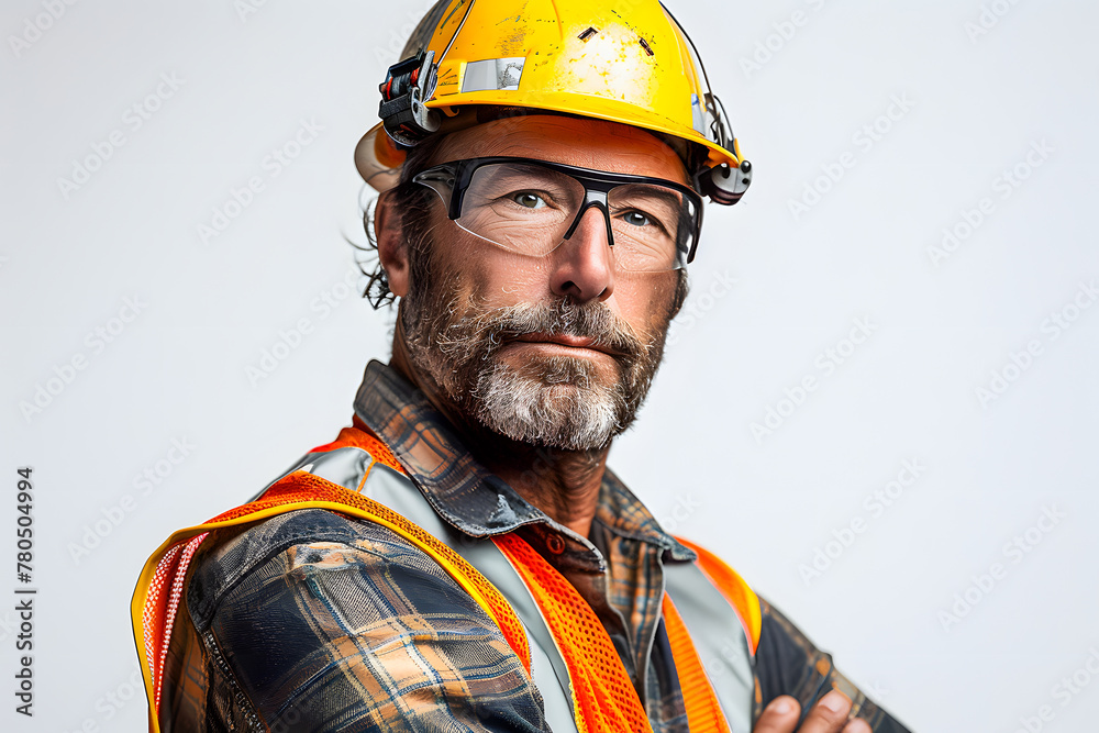 construction worker with yellow hamlet isolate on a white backround. Builder construction worker with yellow hamlet isolate on a white backround. Builder