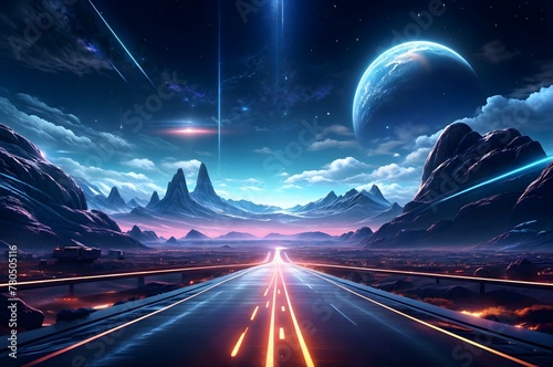brightly lit highway surrounded by mountains, with a clear starry sky overhead, including a planet