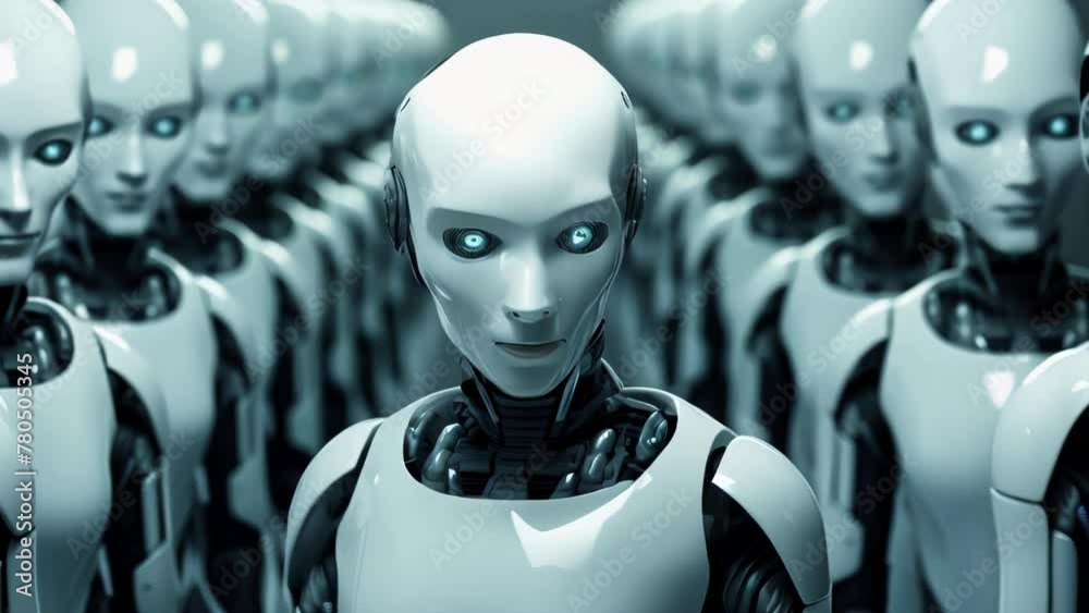 A group of robots are lined up in a row, all with blue eyes and white bodies A group of robots are lined up in a row, all with blue eyes and white bodies