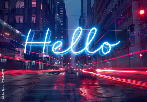 a neon sign that says hello on street