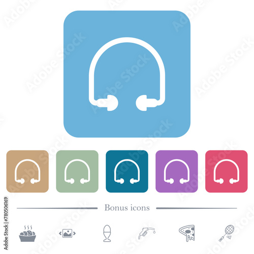 Earphones flat icons on color rounded square backgrounds