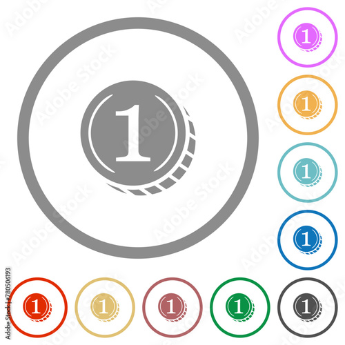 Coin with number one flat icons with outlines