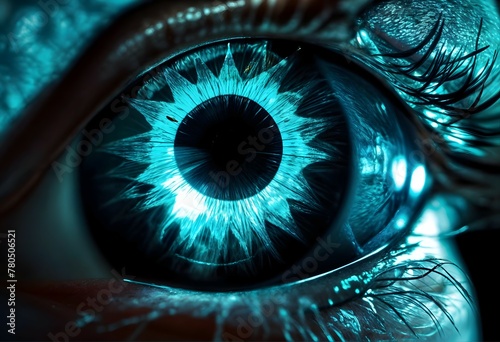 close-up picture of a glowing blue eye with a complex shape