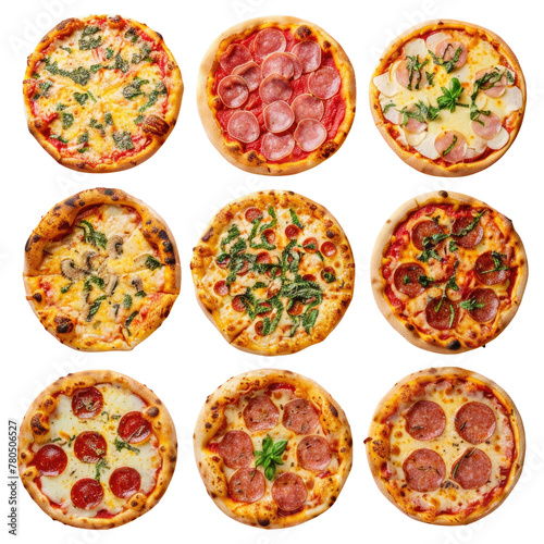 A variety of pizzas on a transparent background