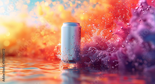 Vibrant splash of colors around a blank aluminum can on a reflective surface, suggesting a dynamic and refreshing beverage concept with ample copy space.