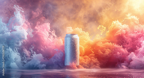 Vibrant abstract image of a beverage can amidst colorful smoke and mist, with a dreamy, surreal atmosphere, suitable for advertising and creative projects. © Gayan