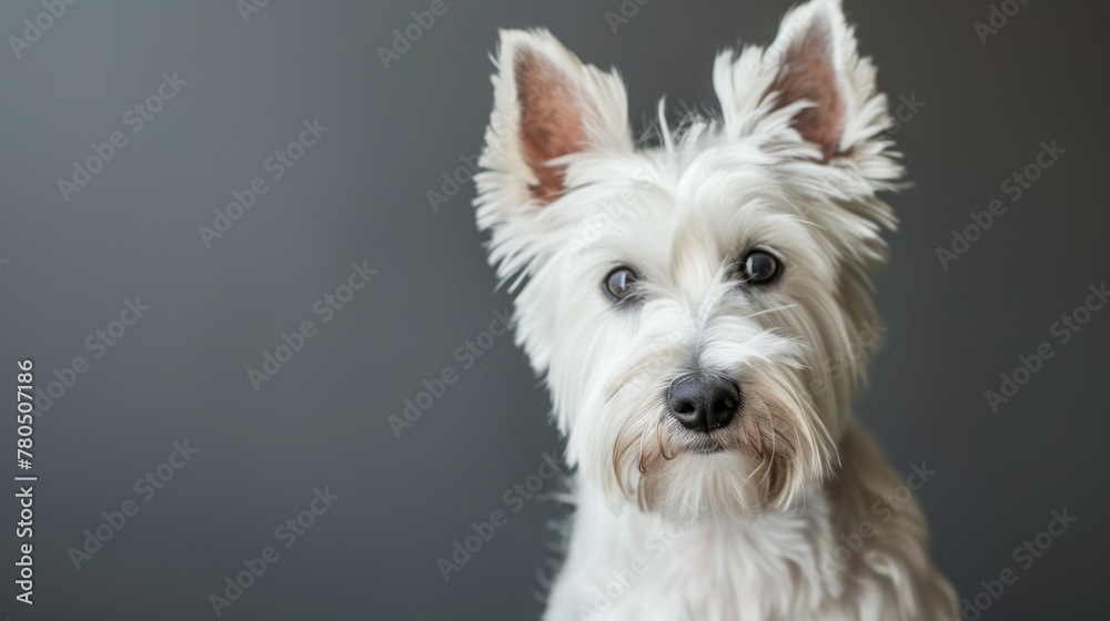 Portrait of a white Westie terrier dog showing its cute and furry domestic nature