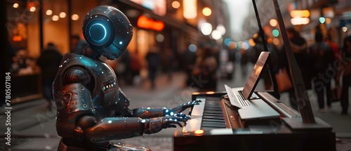 Robotic Maestro Enchants City Streets with Futuristic Tunes. Concept Music Performance, Robotic Technology, Urban Setting, Futuristic Sounds, Street Entertainment