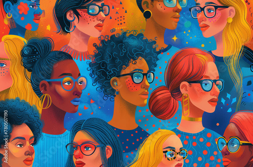 Colorful illustration of diverse women with different hairstyles and glasses, showcasing multicultural beauty and fashion against a vibrant background. © Gayan