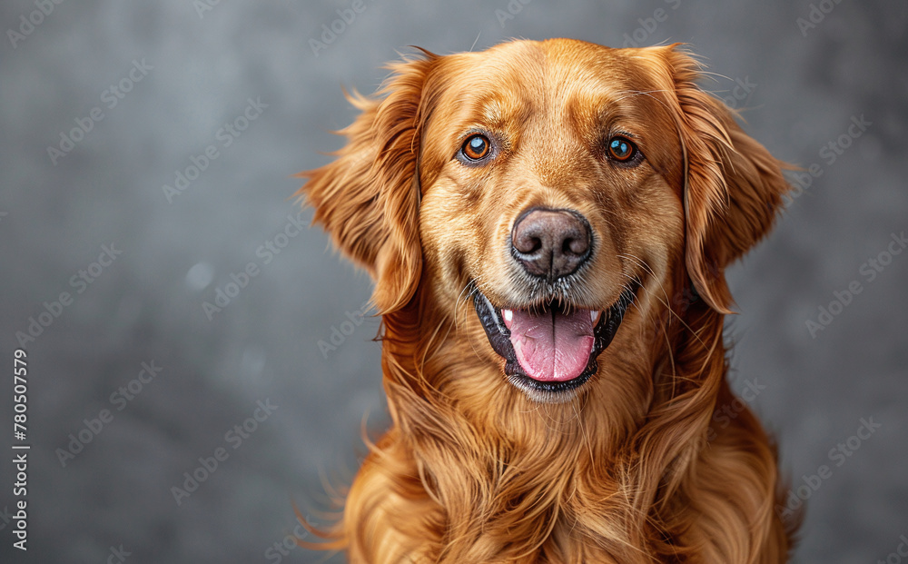 Portrait of a happy golden retriever dog with a shiny coat, smiling at the camera against a blurred grey background. Perfect for pet-related content. Portrait of a happy golden retriever dog with a shiny coat, smiling at the camera against a blurred grey background. Perfect for pet-related content.