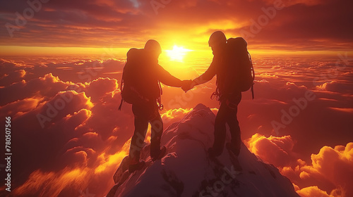 Concept of solidarity, with two mountaineers holding out their hand reaching the top of a mountain photo