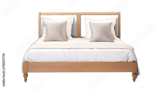 Elegant wooden bed frame with pillows and white bedding isolated on white background 3D rendering