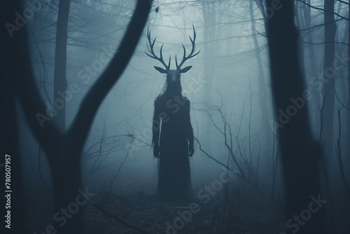 Ghost or phantom with antlers standing alone in foggy autumn forest. © erika8213